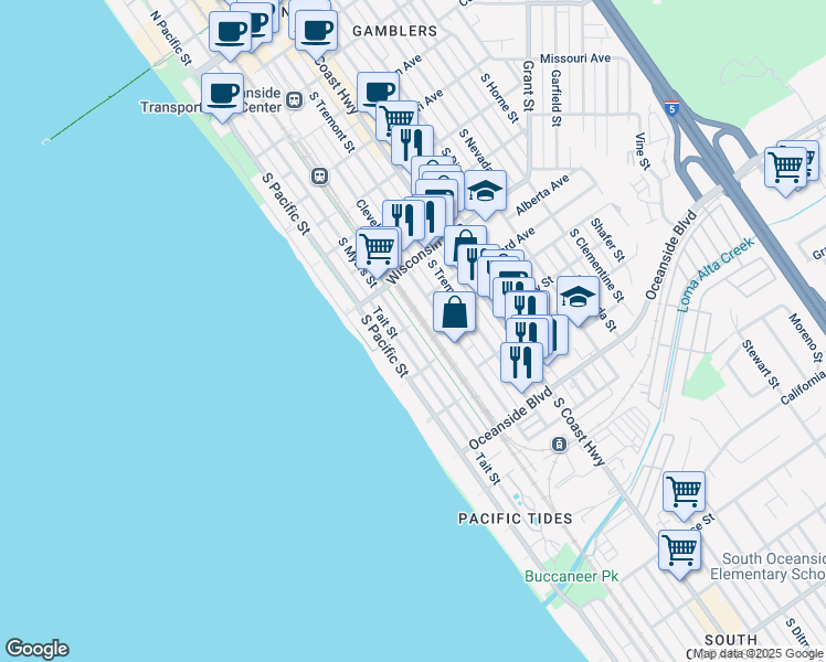 map of restaurants, bars, coffee shops, grocery stores, and more near in Oceanside