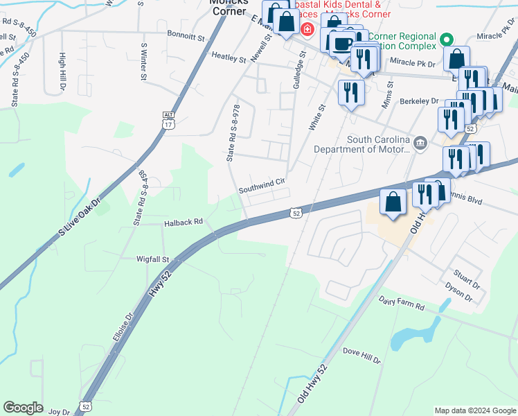 map of restaurants, bars, coffee shops, grocery stores, and more near 344 State Road S-8-978 in Moncks Corner