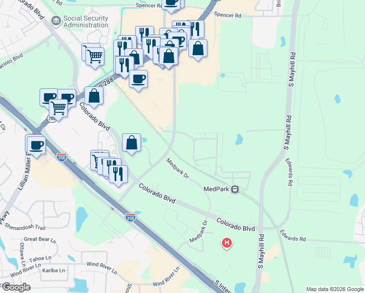 map of restaurants, bars, coffee shops, grocery stores, and more near 2125 Brinker Road in Denton