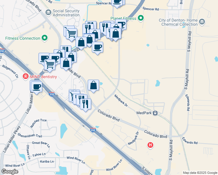 map of restaurants, bars, coffee shops, grocery stores, and more near Medpark Drive in Denton