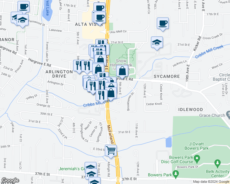 map of restaurants, bars, coffee shops, grocery stores, and more near 12 Fairway Drive in Tuscaloosa