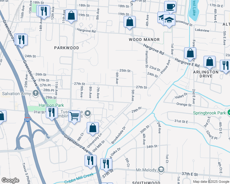 map of restaurants, bars, coffee shops, grocery stores, and more near 2719 6th Avenue in Tuscaloosa