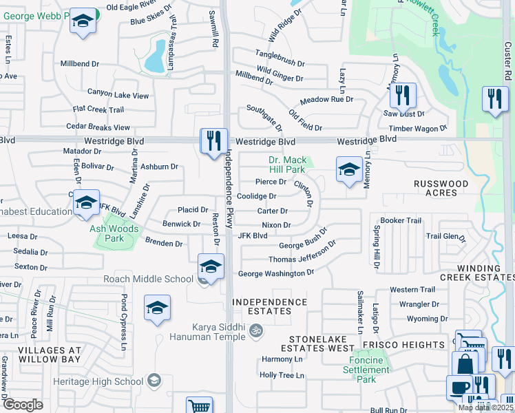 map of restaurants, bars, coffee shops, grocery stores, and more near 9908 Carter Drive in McKinney