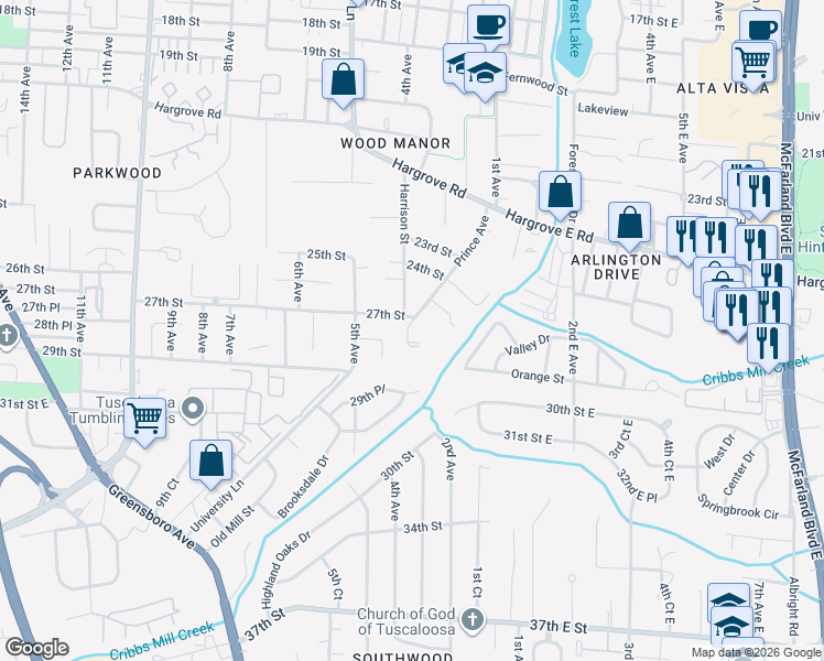 map of restaurants, bars, coffee shops, grocery stores, and more near 2425-2699 Prince Avenue in Tuscaloosa