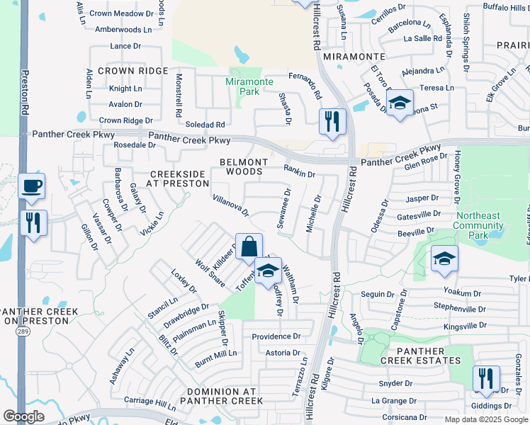 map of restaurants, bars, coffee shops, grocery stores, and more near Helen Drive in Frisco