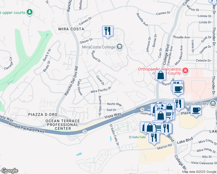 map of restaurants, bars, coffee shops, grocery stores, and more near 3218 Coral Drive in Oceanside