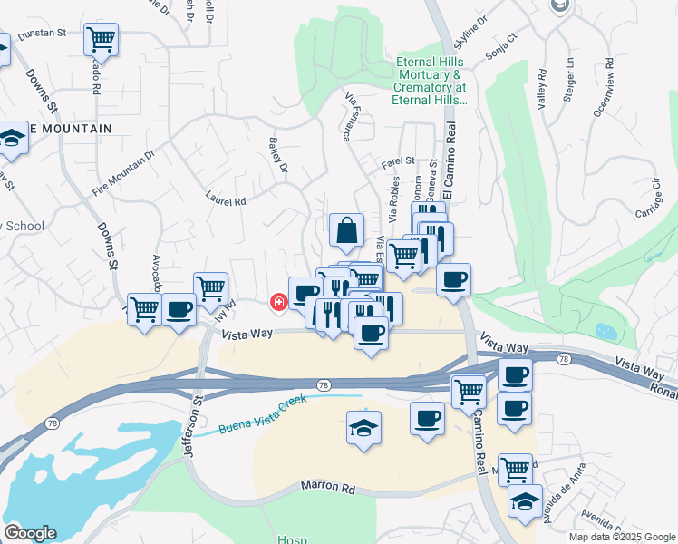 map of restaurants, bars, coffee shops, grocery stores, and more near 2510 Woodlands Way in Oceanside