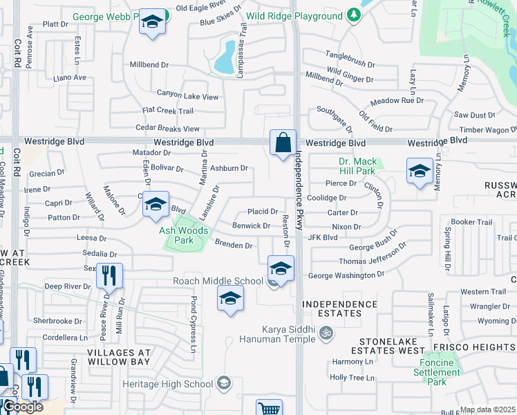map of restaurants, bars, coffee shops, grocery stores, and more near 10144 Placid Drive in McKinney