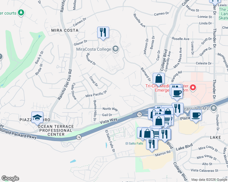 map of restaurants, bars, coffee shops, grocery stores, and more near 3721 Magellan Circle in Oceanside