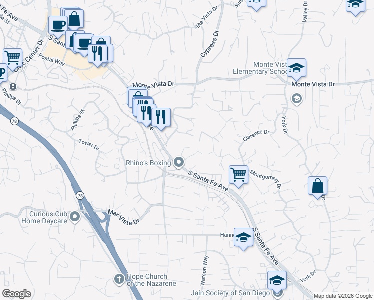 map of restaurants, bars, coffee shops, grocery stores, and more near 1303 Morning Glory Lane in Vista