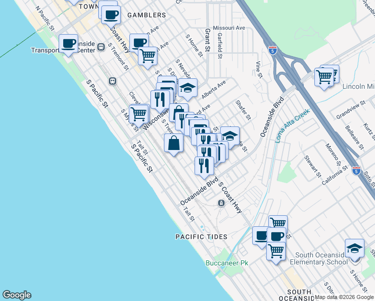 map of restaurants, bars, coffee shops, grocery stores, and more near 1016 South Tremont Street in Oceanside