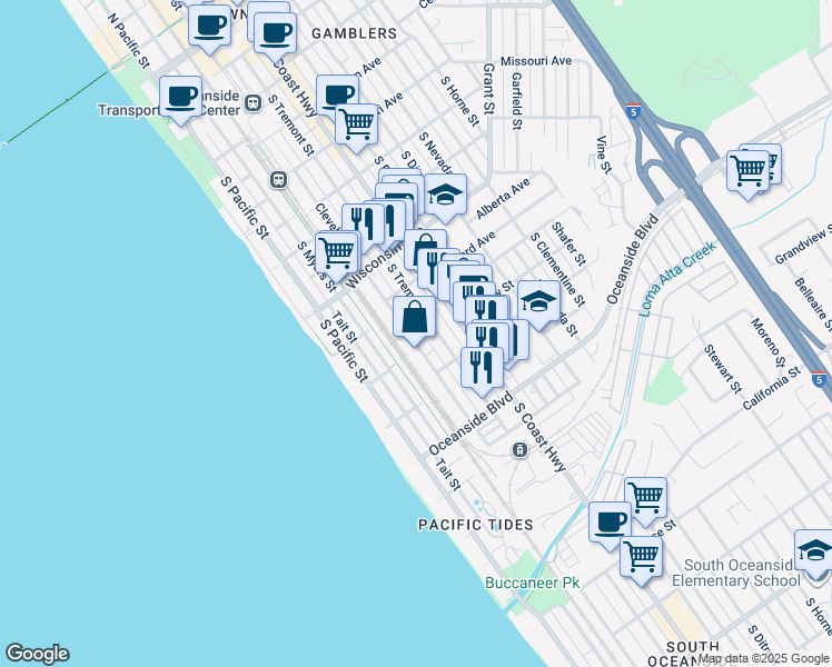 map of restaurants, bars, coffee shops, grocery stores, and more near 920 South Cleveland Street in Oceanside