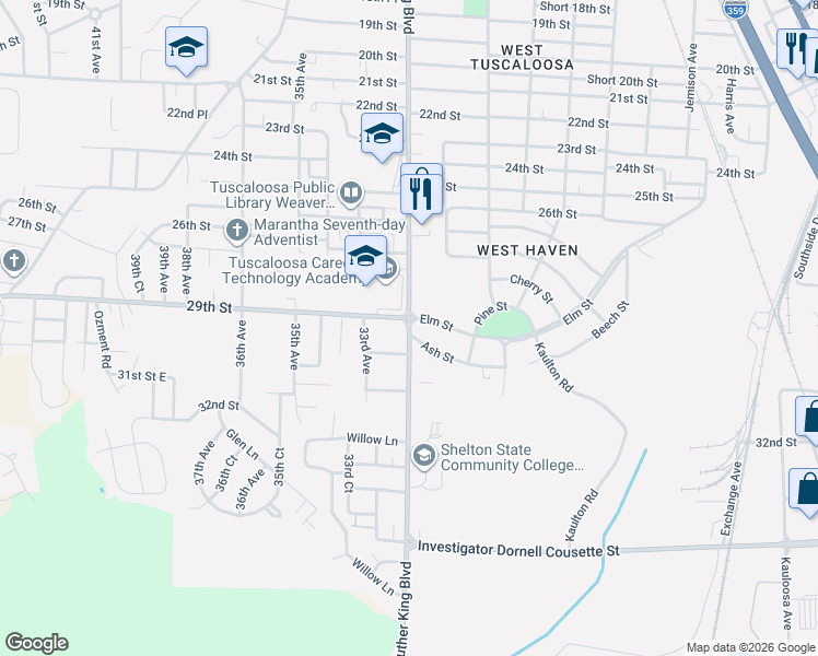 map of restaurants, bars, coffee shops, grocery stores, and more near 2911 Martin Luther King Junior Boulevard in Tuscaloosa