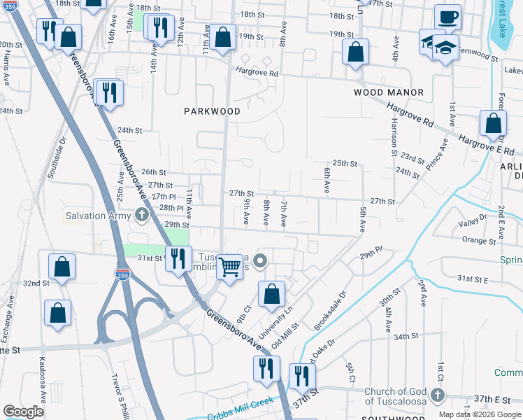 map of restaurants, bars, coffee shops, grocery stores, and more near 2712 8th Avenue in Tuscaloosa
