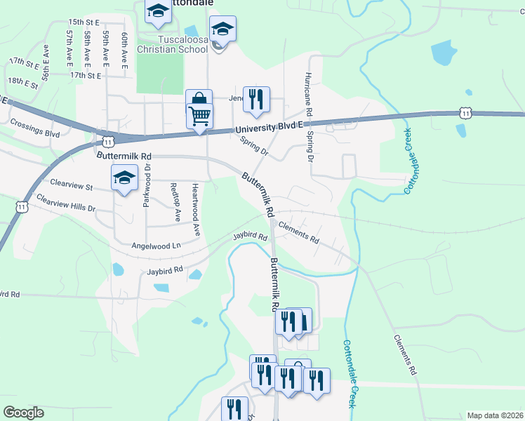 map of restaurants, bars, coffee shops, grocery stores, and more near 2334 Buttermilk Road in Cottondale