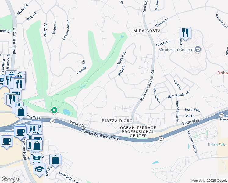 map of restaurants, bars, coffee shops, grocery stores, and more near 3333 Golfers Drive in Oceanside