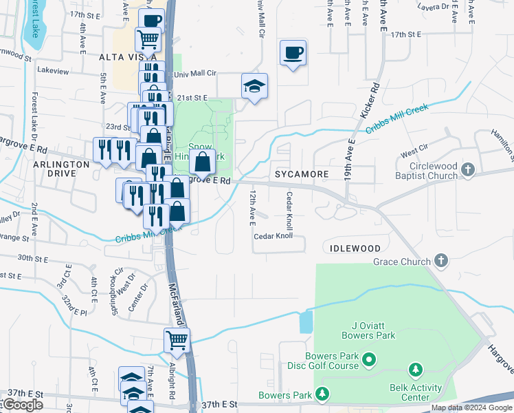 map of restaurants, bars, coffee shops, grocery stores, and more near 10 Elmira Drive in Tuscaloosa