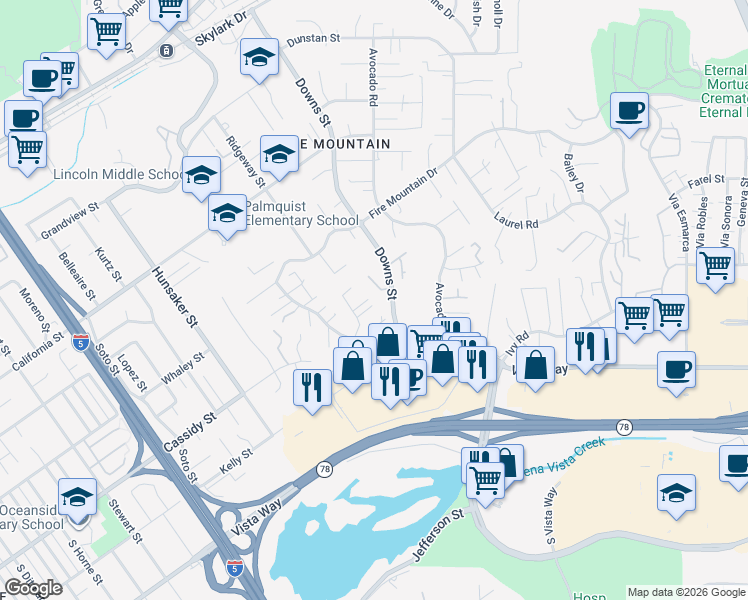 map of restaurants, bars, coffee shops, grocery stores, and more near 1782 Troy Lane in Oceanside