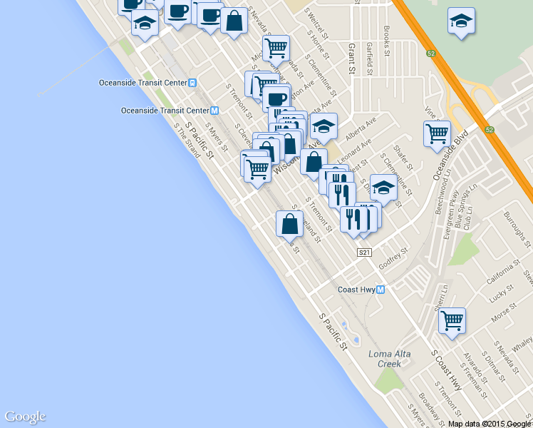 map of restaurants, bars, coffee shops, grocery stores, and more near in Oceanside