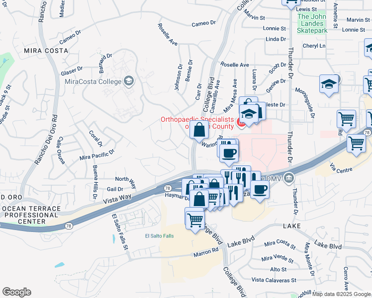 map of restaurants, bars, coffee shops, grocery stores, and more near 3699 Barnard Drive in Oceanside