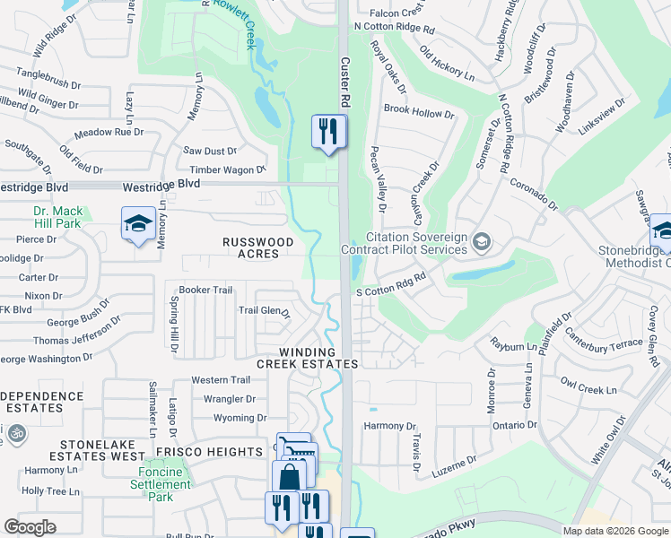 map of restaurants, bars, coffee shops, grocery stores, and more near 16031 Plum Lane in McKinney