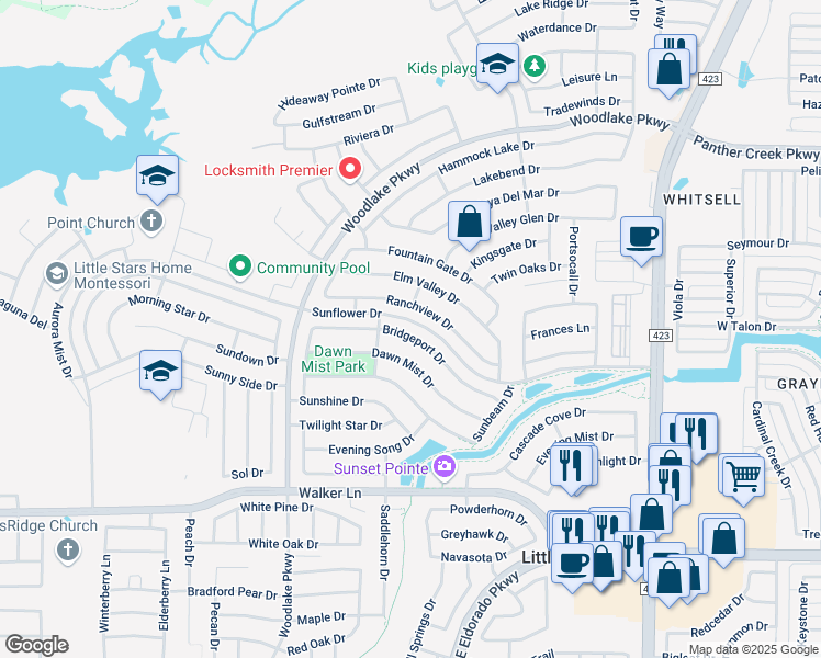 map of restaurants, bars, coffee shops, grocery stores, and more near 2417 Bridgeport Drive in Little Elm