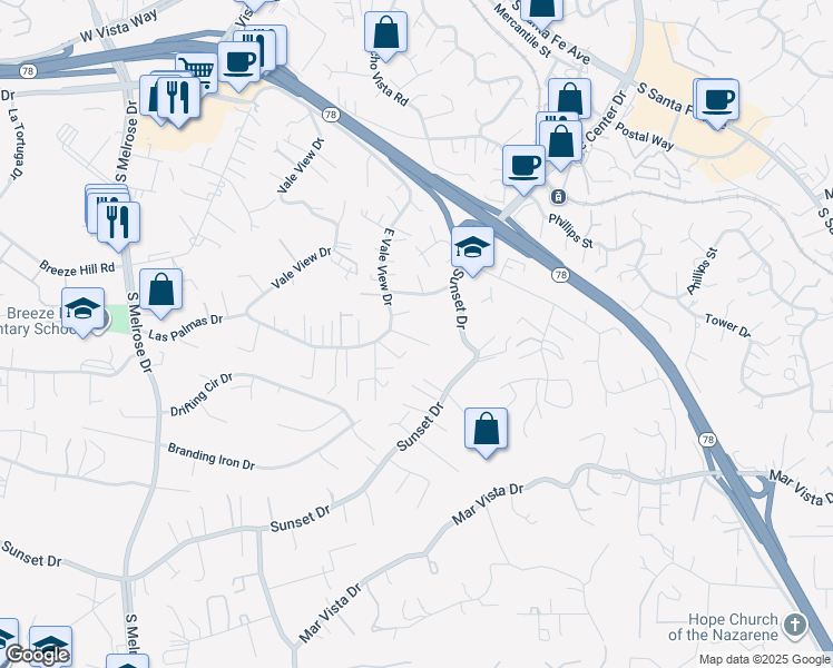 map of restaurants, bars, coffee shops, grocery stores, and more near 933 Vale View Drive in Vista