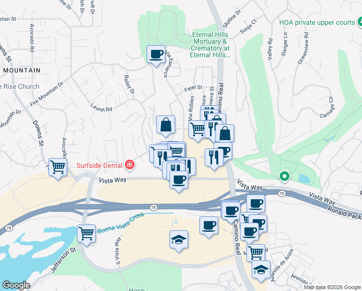 map of restaurants, bars, coffee shops, grocery stores, and more near 2239 Via Esmarca in Oceanside