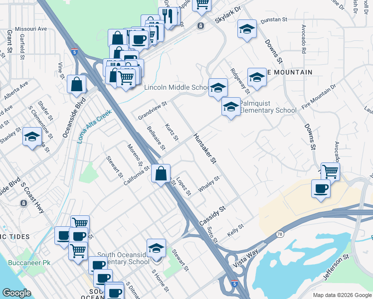 map of restaurants, bars, coffee shops, grocery stores, and more near 1475 Kurtz Street in Oceanside