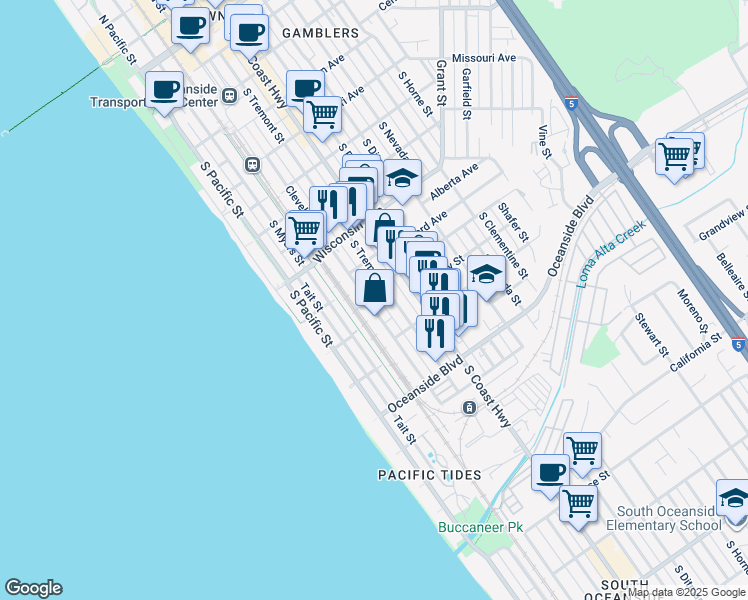 map of restaurants, bars, coffee shops, grocery stores, and more near 920 South Cleveland Street in Oceanside