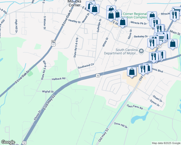map of restaurants, bars, coffee shops, grocery stores, and more near 1124-1128 U.S. 52 in Moncks Corner