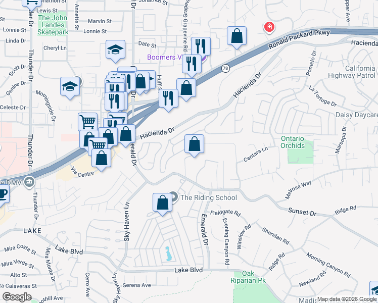 map of restaurants, bars, coffee shops, grocery stores, and more near 1752 Cottonwood Drive in Vista