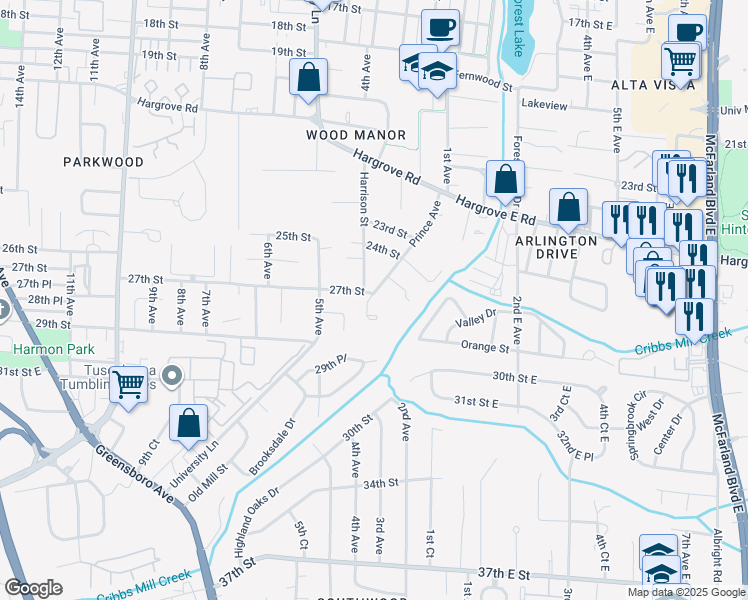 map of restaurants, bars, coffee shops, grocery stores, and more near 2425-2699 Prince Avenue in Tuscaloosa