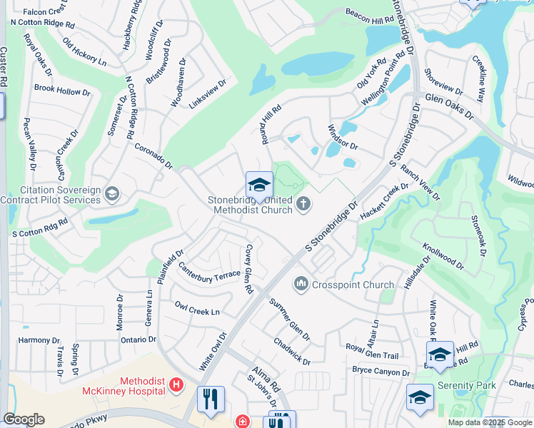 map of restaurants, bars, coffee shops, grocery stores, and more near 7760 Coronado Drive in McKinney