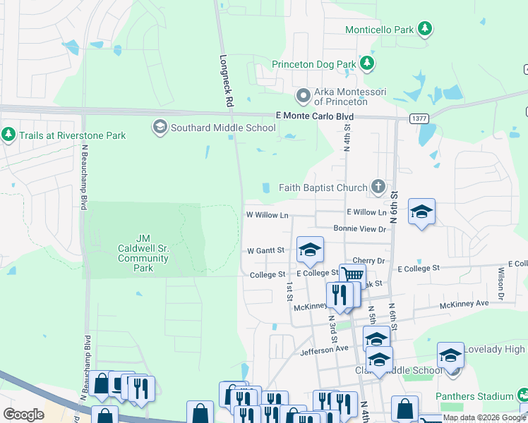 map of restaurants, bars, coffee shops, grocery stores, and more near 204 West Willow Lane in Princeton