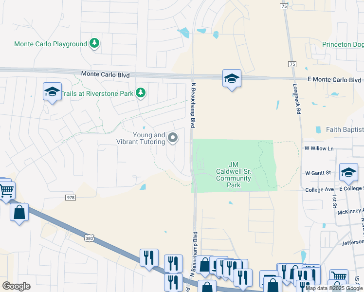 map of restaurants, bars, coffee shops, grocery stores, and more near 1103 Mercury Drive in Princeton
