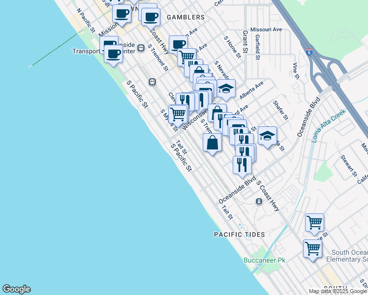 map of restaurants, bars, coffee shops, grocery stores, and more near 828 Tait Street in Oceanside