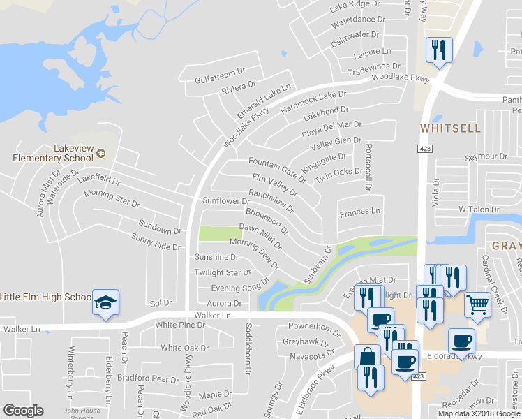 map of restaurants, bars, coffee shops, grocery stores, and more near 2413 Bridgeport Drive in Little Elm