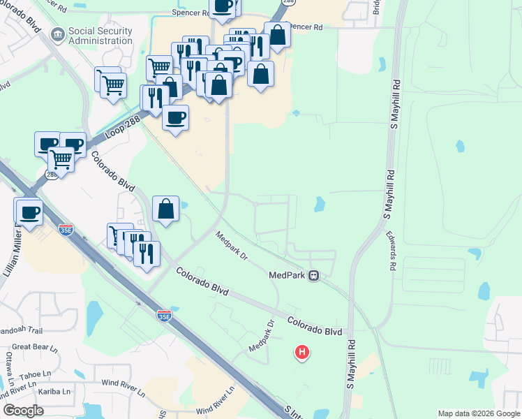 map of restaurants, bars, coffee shops, grocery stores, and more near 3500 Quail Creek Drive in Denton