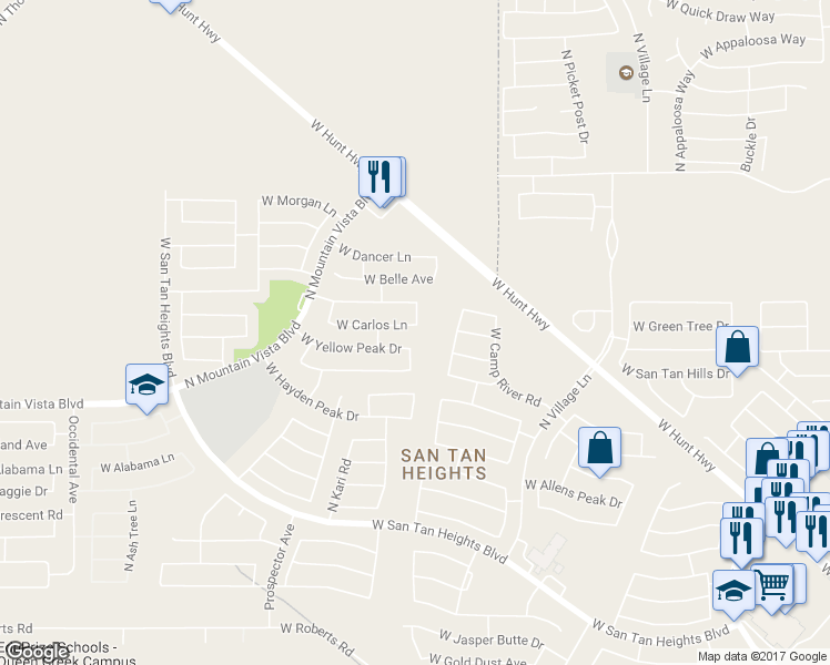 map of restaurants, bars, coffee shops, grocery stores, and more near 3033 West Carlos Lane in Queen Creek