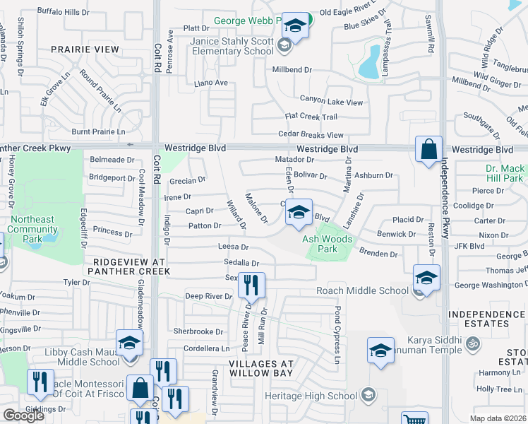 map of restaurants, bars, coffee shops, grocery stores, and more near 2136 Malone Drive in McKinney