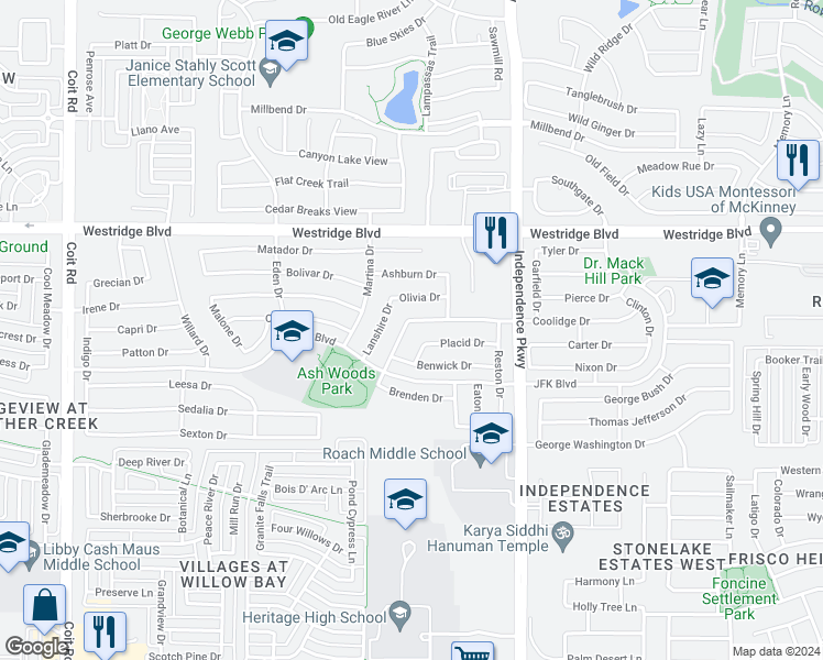 map of restaurants, bars, coffee shops, grocery stores, and more near 1905 Hopkins Drive in McKinney