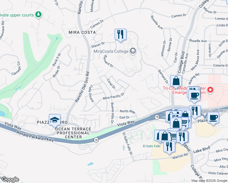 map of restaurants, bars, coffee shops, grocery stores, and more near 3218 Coral Drive in Oceanside