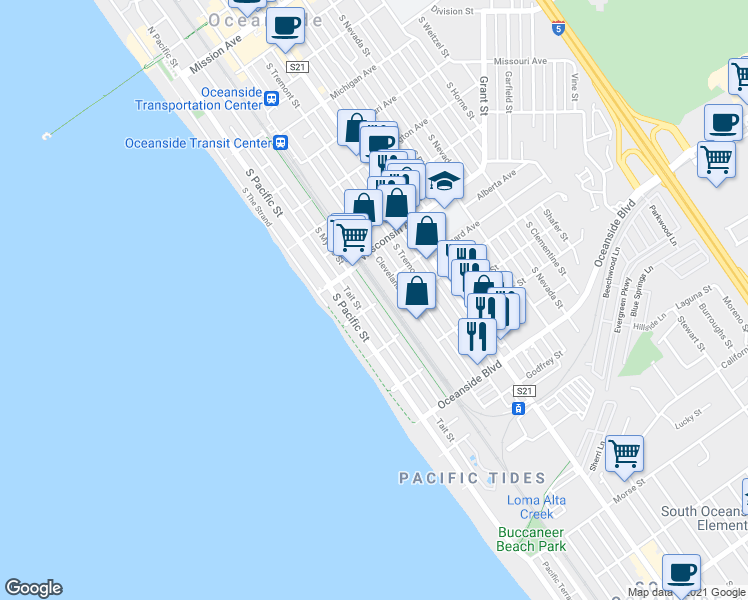 map of restaurants, bars, coffee shops, grocery stores, and more near in Oceanside