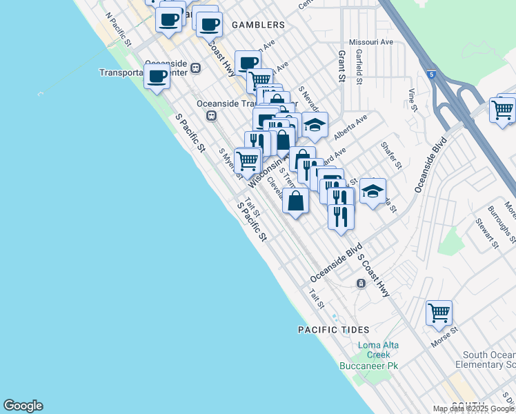 map of restaurants, bars, coffee shops, grocery stores, and more near 830 South Myers Street in Oceanside