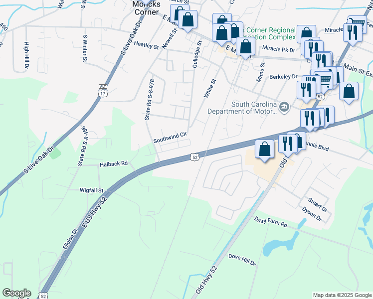 map of restaurants, bars, coffee shops, grocery stores, and more near 1124-1128 U.S. 52 in Moncks Corner