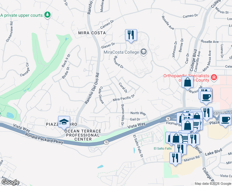 map of restaurants, bars, coffee shops, grocery stores, and more near 3202 Isabella Drive in Oceanside