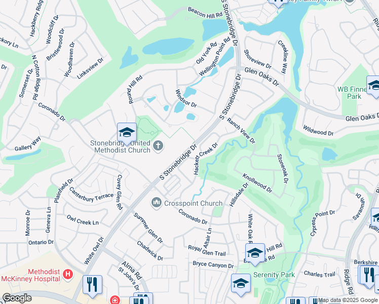 map of restaurants, bars, coffee shops, grocery stores, and more near 2089 South Stonebridge Drive in McKinney