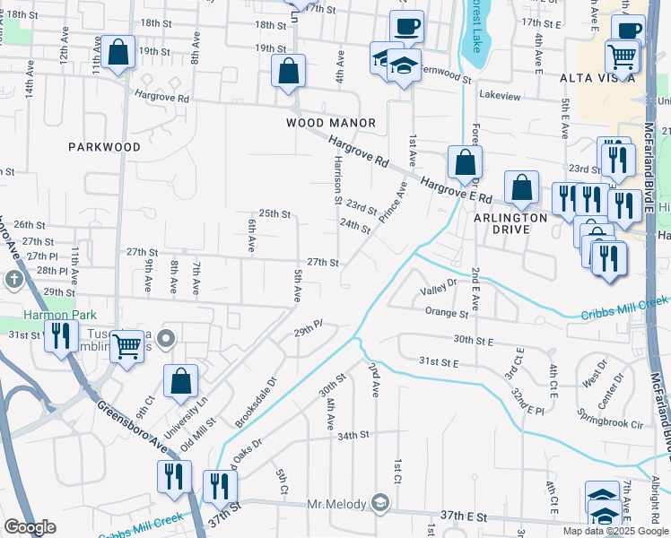map of restaurants, bars, coffee shops, grocery stores, and more near 415 27th Street in Tuscaloosa