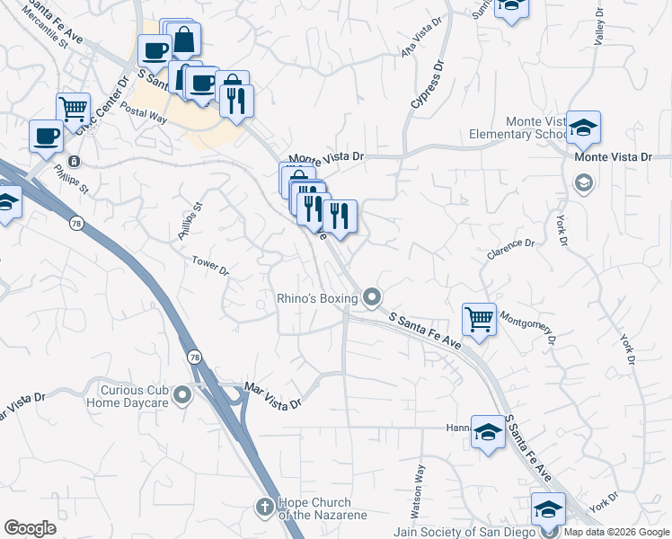 map of restaurants, bars, coffee shops, grocery stores, and more near 1338 Mesquite Drive in Vista